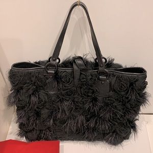 VALENTINO Ostrich Feather Rosier Silk Fray Edge Rose Rosettes Floral RARE Tote